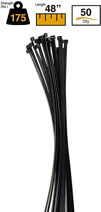 BuyCableTies 48" Heavy Duty Indoor/Outdoor Cable Ties - 175 lb Rated - Black - UV Resistant - 50 per bag