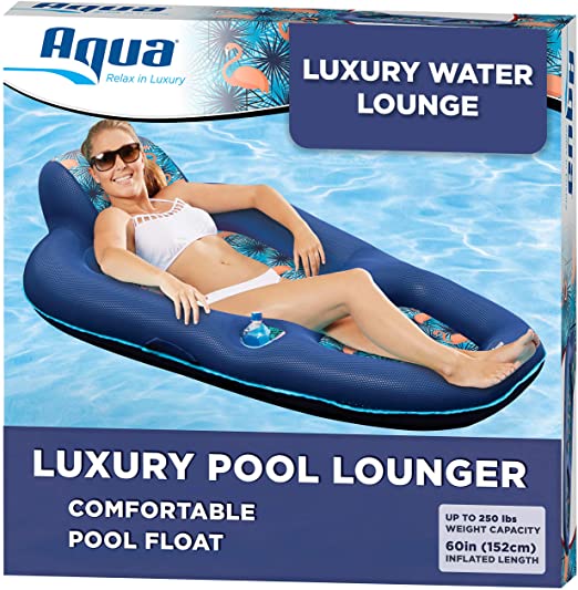 Aqua Luxury Water Lounge, X-Large, Inflatable Pool Float with Headrest, Backrest & Footrest, Palm Beach Flamingo