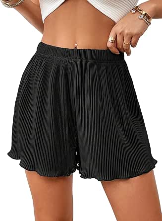 Milumia Women Casual Rib Knit Lettuce Trim Shorts Summer Elastic Waist Loose Shorts