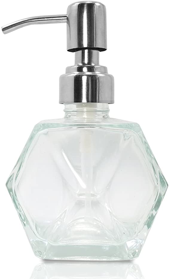 Modern Geometric Shape Clear Glass Soap Dispenser, Lotion Dispenser Bottle with Rust Proof Stainless Steel Pump for Kitchen, Bathroom Accessory, Countertop, Great For Soap, Lotions and Body Oil.