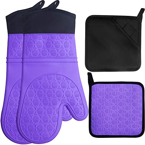 Bobalaly Silicone Oven Mitts and Pot Holders Set 500 F Heat Resistant Oven Gloves Flexible for Kitchen Cooking Baking Grilling Microwave with Quilted Liner BPA Free Non-Slip (Purple)