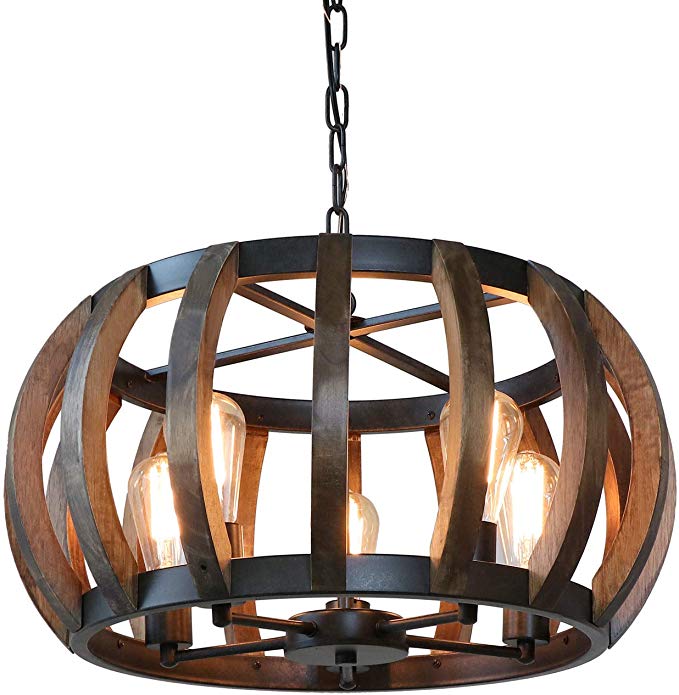 Anmytek Pumpkin Round Pendant Light Vintage Rustic Wood Frame Lamp Adjustable Chain Chandelier E26 Base Bulb Hanging Lighting Kitchen Island Dining Room Ceiling Light Fixture 5-Light(C0070)