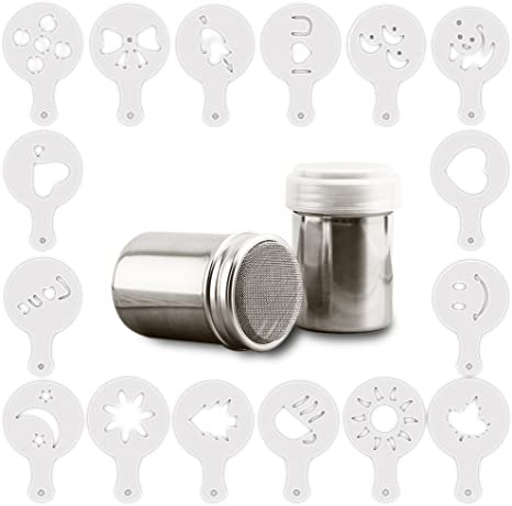 homEdge 2 Pcs of Stainless Steel Powder Dredges with 16 Pcs Coffee Printing Molds, Cocoa Powder Shaker and Garland Molds with 16 Patterns for Latte, Mocha, Cuppucino, Latte Accessories Cake Printing,