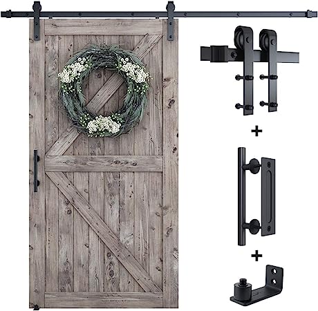 SMARTSTANDARD 8FT Sliding Barn Door Hardware Whole Kit (Include 8FT Track Kit & Pull Handle Set & Floor Guide), Smoothly and Quietly, Easy to Install, Fit 42"-48" Wide Door Panel (J Shape)