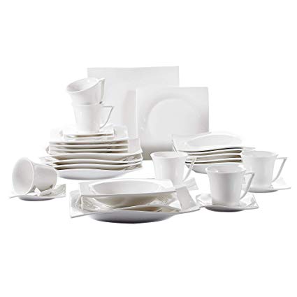 Vancasso Porcelain Dinnerware Set of 6, Cream White Glazed Cups Saucers Plates Dinner Service Set for Dessert Soup Catering, 30-Pieces