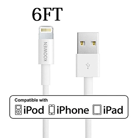 Lightning Cable, KOOWIEN 6FT 8Pin Extra Long USB Sync Cord Charging Cable for iPhone 7/7 Plus, 6S/6S Plus/6/6 Plus, 5/5S/5C/SE, iPad Mini Pro Air 2 and More (White)