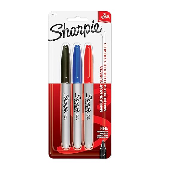 Sharpie 30173PP Permanent Markers, fine Point, Pack of 3 Colors - Red, Blue, Black Ink