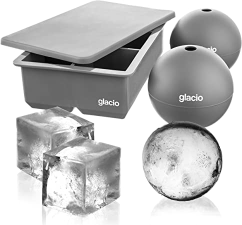 glacio Ice Cube Moulds - 2 Large Sphere Moulds and Square Cube Mould Tray with Lid