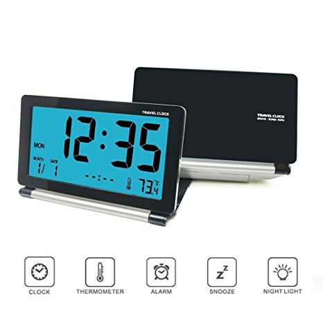 Alarm Clock, KLAREN Travel Clock LCD Mini Digital Desk Folding Electronic Alarm with Blue Backlight Black