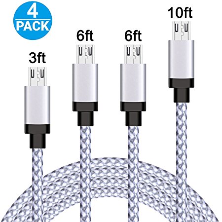 Micro USB Cable, Xcords 4Pack 3FT/6FT/6FT/10FT Micro USB to USB Cable Nylon Braided,Fast Micro USB Charger Cable for Windows Phones/MP3/PS4/Xbox One and More (White)