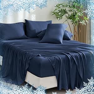 PHF Cooling Sheets Set Queen Size 6 Piece - 100% Rayon Derived from Bamboo - Wider Elastic Band & 16 Inch Deep Pockets - Luxury Soft and Breathable Bedding Sheets & Pillowcases, Navy Blue