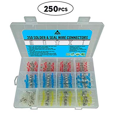 250 PCS Solder Seal Wire Connector | Solder Seal Heat Shrink Butt Connectors Electrical Terminals - Insulated & Waterproof Copper Wire Kit Marine & Automotive Grade | Butt Splices | Hard Case