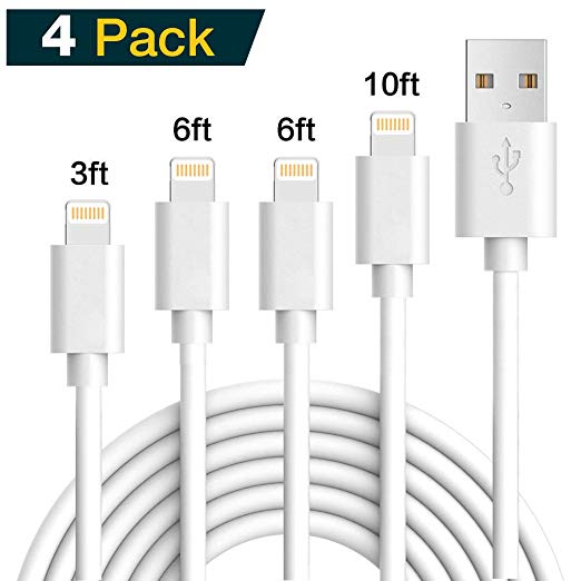 iPhoone Charger, 4Pack 3FT 6FT 6FT 10FT Lighttning to USB Charging Cable Cord Compatible with iPhoone X 8 8Plus 7 7Plus 6 6Plus 6S 6SPlus 5 5S SE - White05