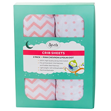 Crib Sheet Set | Toddler Sheet Set 2 Pack 100% Jersey Cotton for Baby Girl Pink Chevron and Polka Dots by Ely's & Co