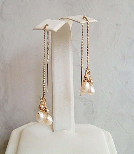 White Cultured Freshwater Pearl Briolette Cluster Earrings Gold Filled Ear Threaders