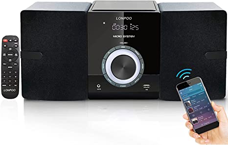 LP-886 Compact Bluetooth CD Stereo Shelf Systems, CD Microsystem with FM Radio (NO AM), Wireless Home Stereo System (2x15W) with CD MP3 Player, Headphone Jack, USB Input, AUX-Input