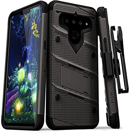 ZIZO Bolt Series LG V50 ThinQ 5G Case | Military-Grade Drop Protection w/Kickstand Bundle Includes Belt Clip Holster   Lanyard Metal Gray Black