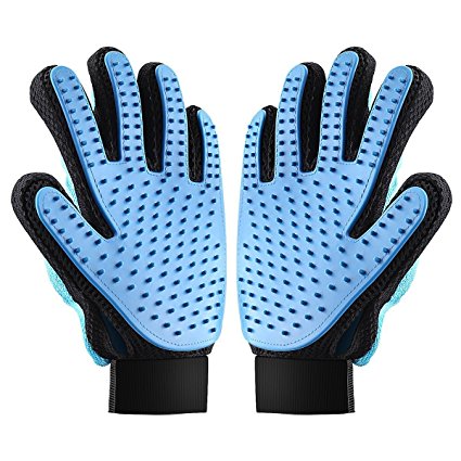 Left&Right Pet Grooming Gloves Mitts, Pet Deshedding Bathing Massage Brush Glove Comb for Long & Short Hair Dogs, Cats, Bunnies, Horses, 1 Pair (Sky Blue)