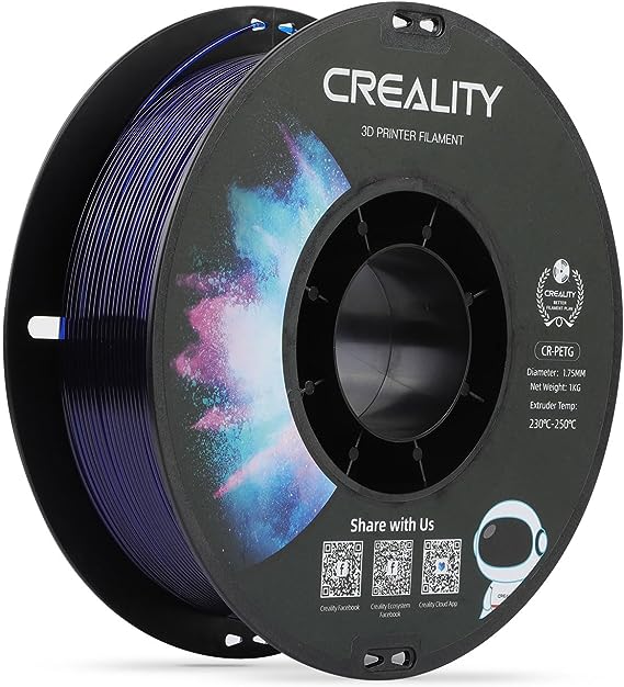 Creality PETG 3D Printing Filament 1.75mm, Excellent Toughness High Precision, Odorless Non-Toxic Moistureproof, 1kg(2.2lbs) Glossy PETG Filament for 3D Printer (Transparent Blue)