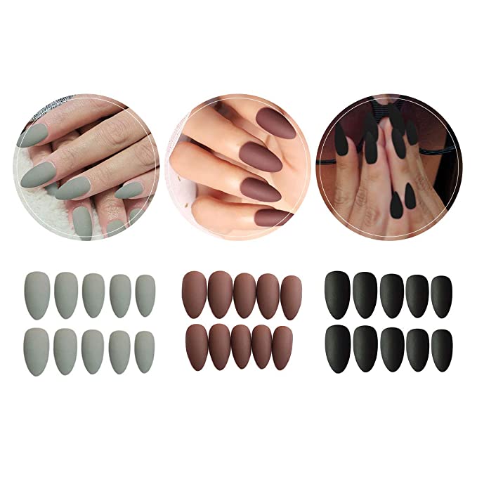3 Boxes Stiletto Press on Nails, Acrylic Matte False Nails Artificial Resin Medium and Short Length Fake Nail Art Fashion Design Manicure Set with Nail Adhesive Tabs for Women