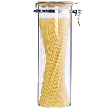 Tall Clear Borosilicate Glass Food Storage Jar Canister Container with Airtight Locking Clamp Bamboo Lid,Kitchen Pantry Container,Spaghetti Jar Pasta Canister Cereal Noodle Rice Container,68 floz