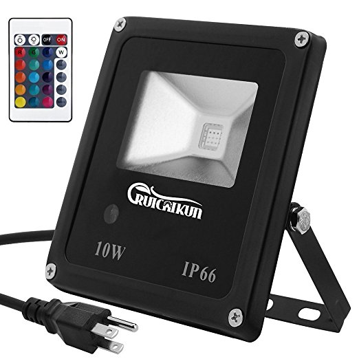 RUICAIKUN Remote Control 10W RGB White LED Flood Lights, Color Changing LED Security Light, 16 Colors & 4 Modes, Waterproof LED Floodlight, US 3-Plug, Wall Washer Light