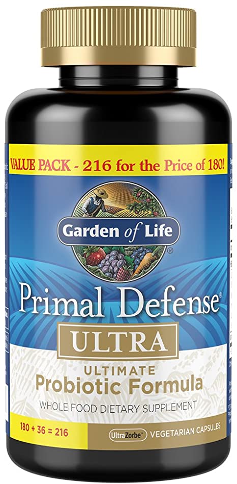 Garden of Life Whole Food Probiotic Supplement, Primal Defense Ultra Ultimate Probiotic Dietary Supplement for Digestive and Gut Health, 216 Vegetarian Capsules