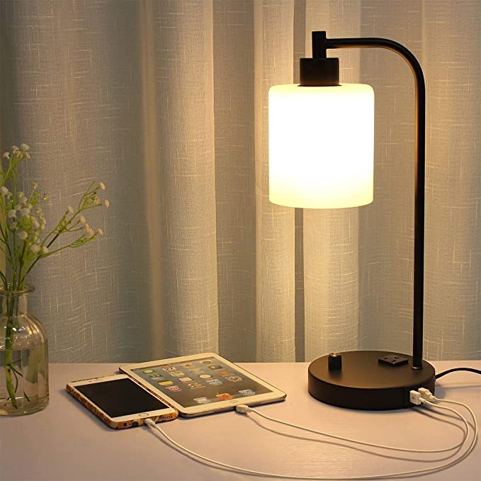 KINGSO Industrial Table Lamp with 2 USB Ports and Outlet 110V Fully Stepless Dimmable Desk Lamp Reading Lamp 2 ON/Off Switches Frosted Shade for Bedroom Living Room, LED Edison Bulb Included