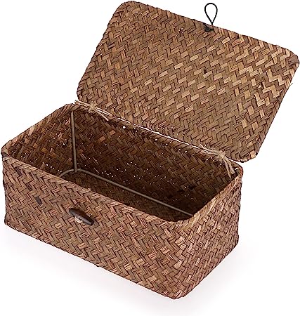 Hipiwe Wicker Shelf Baskets Bin with Lid, Handwoven Seagrass Basket Storage Bins Rectangular Household Basket Boxes for Shelf Wardrobe Home Organizer, Coffee X-Small