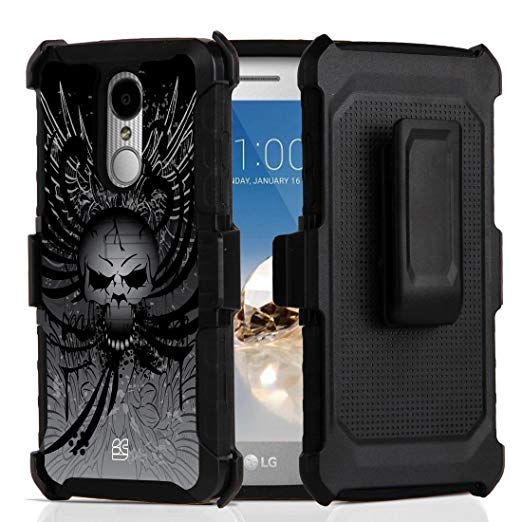 Beyond Cell Hyber Series Dual Layer Rugged Holster Case for LG Aristo 3, Tribute Empire, Rebel 4, Phoenix 4, Aristo 2 Plus - Skull Wings