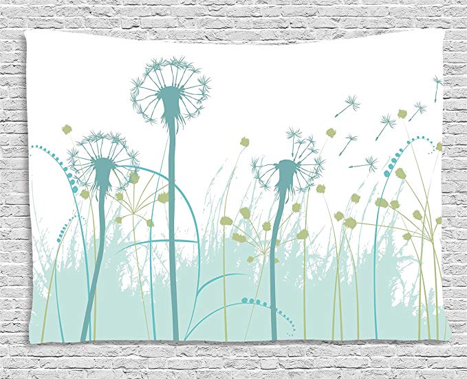 Ambesonne Spring Tapestry, Silhouette Dandelion Floral Foliage Seasonal Blooms Botany Eco Illustration, Wall Hanging for Bedroom Living Room Dorm, 60 W X 40 L inches, Khaki Almond Green