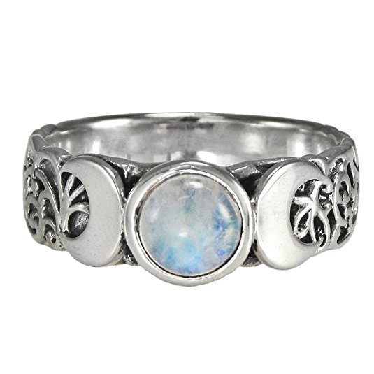 Sterling Silver Triple Crescent Moon Goddess Ring with Rainbow Moonstone (Sizes 4-15)