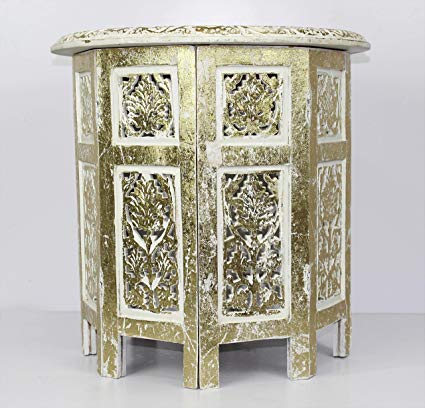Cotton Craft Jaipur Solid Wood Handcrafted Carved Folding Accent Coffee Table - Antique Gold and White - 18 Inch Round Top x 18 Inch High -Intricate Detail with Hand Carving