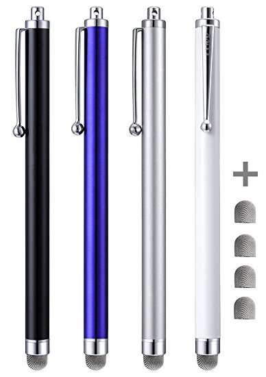 Stylus Pens, CCIVV 4 Pcs 5.6 Inches Mesh Tipped Stylus for Touch Screens, iPad, iPhone, Kindle Fire   4 Extra Replaceable Hybrid Fiber Tips (White, Black, Silver, Blue)