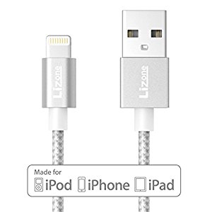 Lizone� 6ft USB Cable with Lightning Connector [Apple MFi Certified] for iPhone 7 6s 6s Plus 6 6 Plus 5s 5c 5, iPad Pro Mini Air iPad5, iPod and More (Nylon Braided) (Silver)