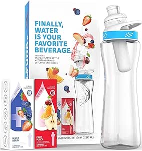 Generic 22.0 oz Plastic Water Bottle Starter Kit with Blue Lid, 1 Fruit Punch & 1 Mixed Berry Cartridge - Stay Hydrated All Day!