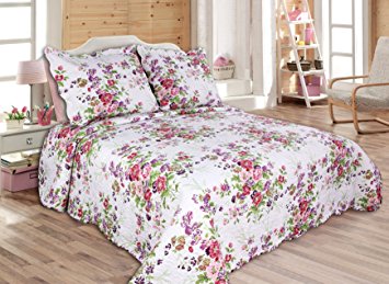 3-piece Reversible coverlet, Quilt Set, bedpread, Full-Queen Size,86"x 86", pink and purple flower