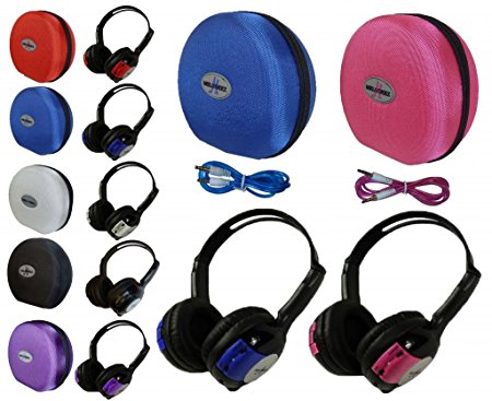 2 Pack Kid Sized Wireless Infrared Universal Car DVD IR Automotive Colored Adjustable 2 Channel Headphones With Case and 3.5mm Auxiliary Cord