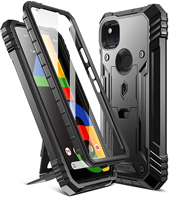 Poetic Revolution Series for Google Pixel 4A Case, Full-Body Rugged Dual-Layer Shockproof Protective Cover with Kickstand and Built-in-Screen Protector, Black