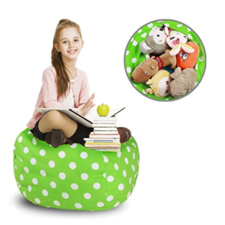 Kids Animal Bag-Stuffed Animal Storage Bean Bag Chair-100% cotton canvas storage bag Perfect Storage Solution for Toys, Clothes,Covers or Blankets(28’ ,Green/white spot )