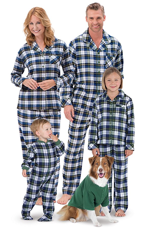 PajamaGram Flannel Tartan Plaid Button-Front Matching Family Pajamas, Green