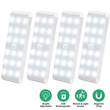 LED Sensor Light 18 LEDs, Rechargeable Cupboard Light with Motion Sensor, Intelligent LED Kitchen Light, Soft Light for Kitchen, Wardrobe, Boot, Stairs, Various Rooms, Zip (4 Pieces)