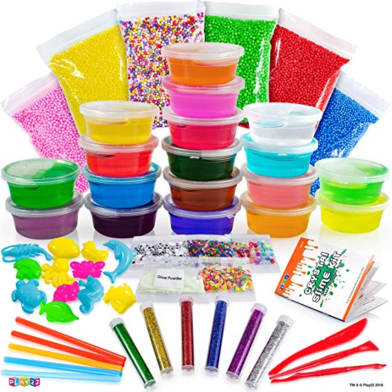 Play22 DIY Slime Kit for Kids - 18 Color Crystal Slime Making Kit, Includes Colorful Foam Balls, Fruit Face, Eyes, Stars, Glitter, Beads, Molds, Straws, Glow in Dark Powder and Much More – Original