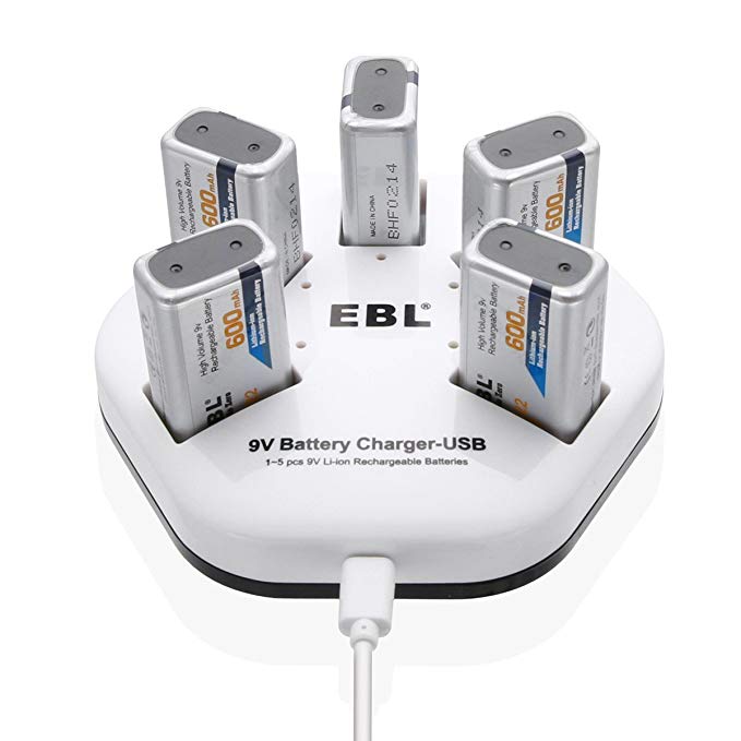 EBL Fast 9V Battery Charger Individual USB Battery Charger with 9V Li ion Rechargeable Batteries 600mAh 5 Pack