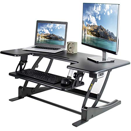 VIVO Black Electric Extra Wide 42” Stand Up Desk Converter Workstation | Quick Sit to Stand Tabletop Monitor Riser (DESK-V000VLE)