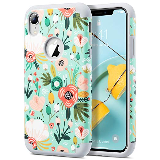 ULAK iPhone XR Case, Slim Fit Dual Layer Hybrid Hard PC Back Cover with Shockproof Soft Silicone Interior Anti Scratch Protective Phone Case for iPhone XR 6.1 inch, Mint Floral