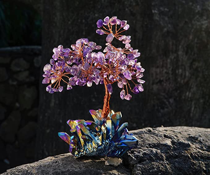 Crocon Amethyst Gemstone Money Tree | Feng Shui Bonsai with Quartz Cluster Titanium Crystal Base | Ornament Figurine | Chakra Stone Balancing | Reiki Healing | Good Luck | Spiritual | Decor |Size 6-7"