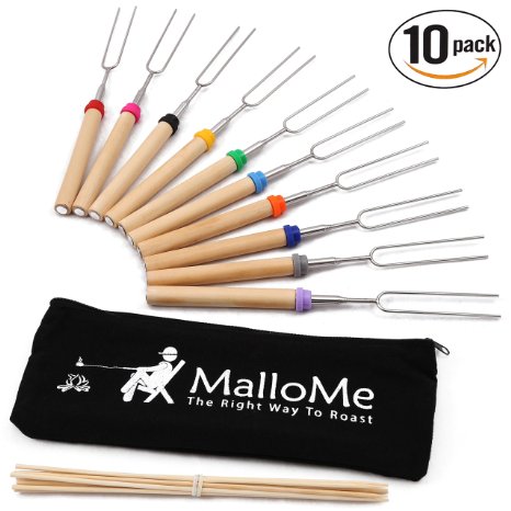 MalloMe Marshmallow Roasting Sticks Set of 10 Telescoping Rotating Smores Skewers and Hot Dog Fork 30 Inch Kids Camping Campfire Fire Pit Accessories  FREE Pouch 10 Bamboo and Marshmallow Sticks Ebook