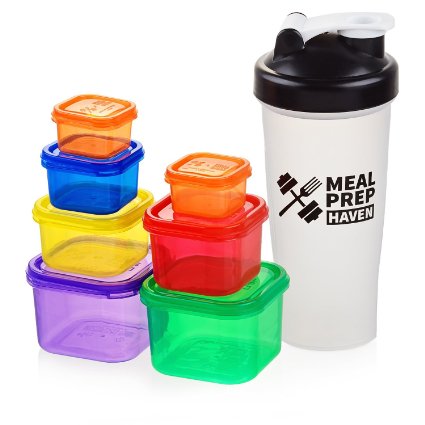Meal Prep Haven 7 Piece Portion Control Containers & Protein Shaker Bundle with Guide, 100% Leak Proof, Multi-Colored System