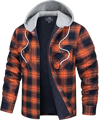 TACVASEN Mens Flannel Jacket with Hood Thick Plaid Flannel Shirts Quilted Lined Long Sleeve Winter Cotton Coat Button Down